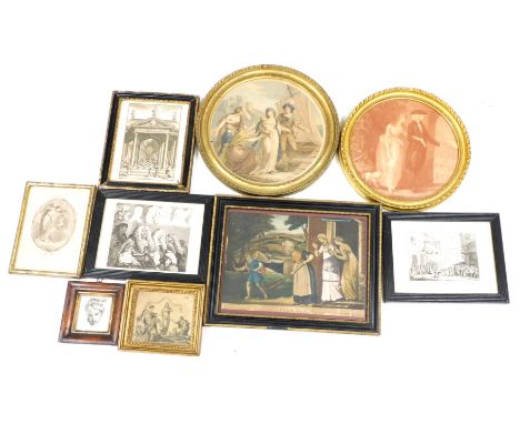 A group of 18th/19thC engraving and prints, including classical and portrait studies, cartoons, classical figures and The Bib