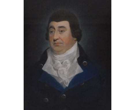 19thC English School.  Portrait of Mr Watson, head and shoulders with blue coat and silk cravat, oil and pastel, inscribed ve