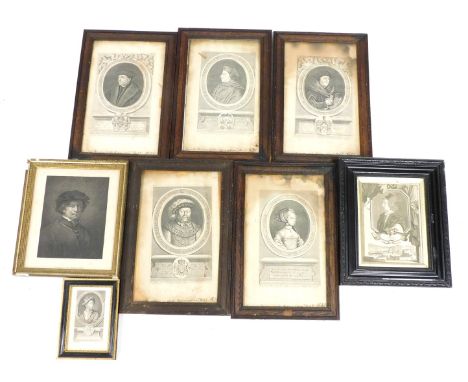 Seven 18thC portrait engravings, comprising Matthew Prior, S. Pogge, Rembrandt, King Henry VIII, Cardinal Wolsey, Sir Thomas 