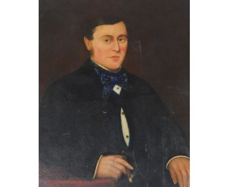 19thC English School.  Portrait of a seated gentleman holding a cigar, 76cm x 64cm.