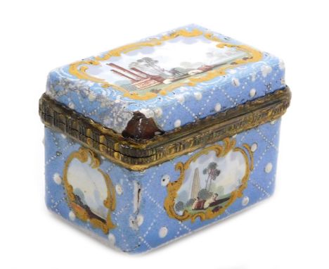 A late 18thC Battersea enamel snuff box, of rectangular form, decorated with reserves of livestock and classical monuments, o
