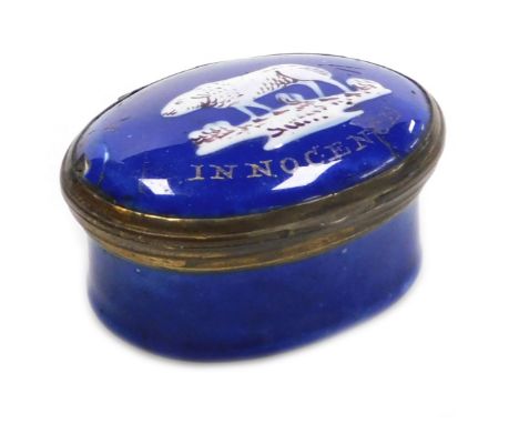 A late 18thC Bilston enamel patch box, decorated to the lid with a lamb and "An Emblem of Innocence", on a cobalt blue ground