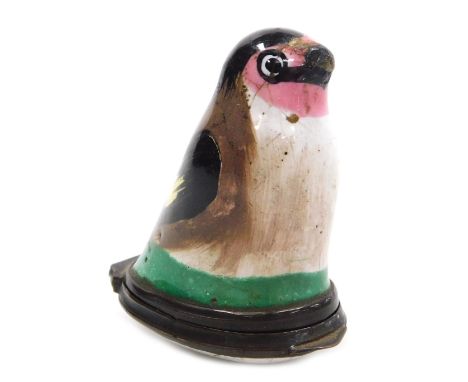 A late 18thC Bilston enamel bonbonniere, modelled as a goldfinch, the lid painted with a floral sprig, 40mm high. (AF)