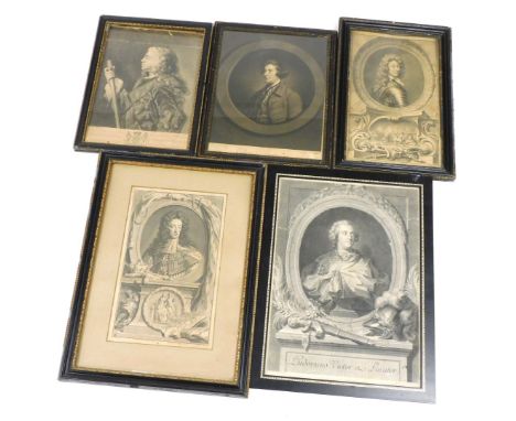 Five 18thC portrait engravings, comprising Ludovicus, Victor et Pactor, Frederick, Duke of Schomberg, Edmund Burke Esq., and 