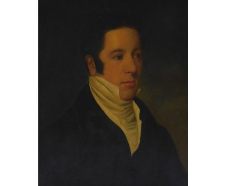 19thC English School.  Head and shoulders portrait of a gentleman, oil on panel, 52cm x 42cm.