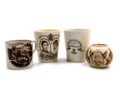 A Carltonware pottery match striker, decorated with Lord Roberts, a Royal Doulton beaker to celebrate the marriage of The Pri