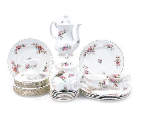 A Royal Albert porcelain Moss Rose pattern part dinner, tea and coffee service, comprising six dessert and side plates, coffe