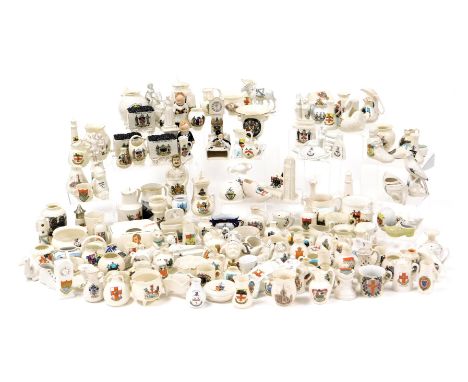 Five trays of Goss and crested china, including figurines, tank, etc. (approx 100)