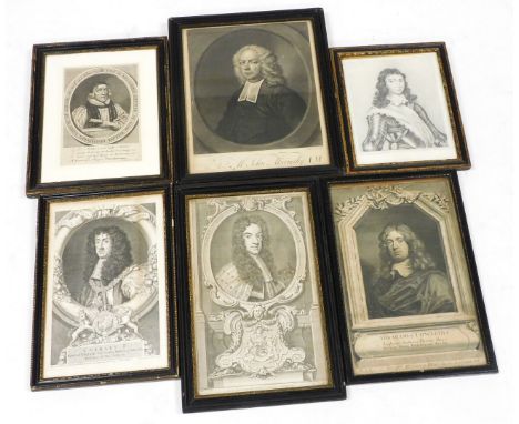 Six 18thC portrait engravings, including Daniel, Earl of Nottingham, The Revd Mr John Abernethy, Ralph Browning Lord Bishop o
