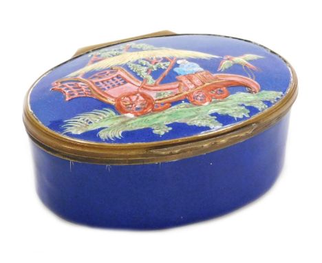 A late 18thC enamel box, probably German, of oval form, decorated to the lid with a rickshaw, figure and bird, against a coba