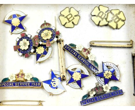 A group of Primrose League badges, two enamel badges with motto Imperium Et  Libertas, three Primrose League floral badges, S