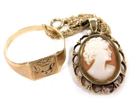 A 9ct gold lady's signet ring, foliate and initial engraved, size J ½, 1.1g, together with a shell cameo pendant, bust portra