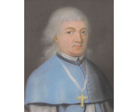 19thC Continental School. Portrait of a priest in powder blue robes, oil painted, 25cm x 20cm.