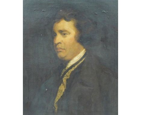 Late 18thC English School.  Head and shoulders portrait of Edmund Burke in a brown coat, in sinister pose, oil on canvas, 60c
