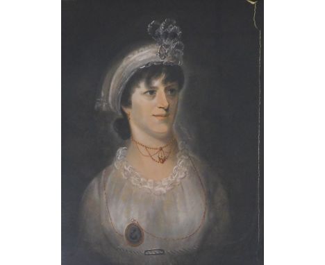 19thC English School.  Head and shoulders portrait of a lady wearing a Spartan cap and silk dress and necklace, watercolour w