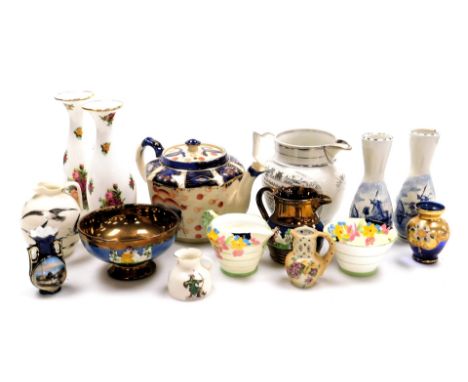 Ceramics, including Goss jugs, Delft vase, spill vases, Sunderland ware, lustre ware, teapot and large jug. (a quantity)