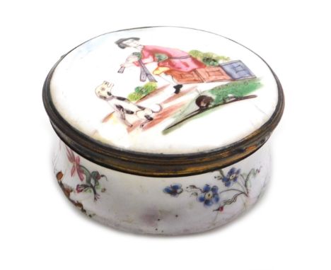 A late 18thC Continental enamel snuff box, possibly French, of cylindrical form, decorated to the lid with a man playing bagp