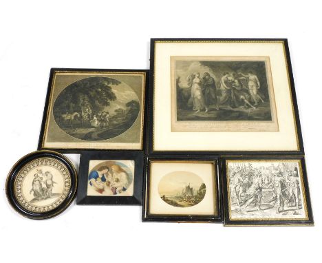 A group of 18thC/19thC engravings and prints, including after Angelica Kauffman, Telemachus and Mentor in The Island of Calyp