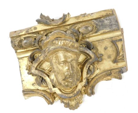 A French 19thC gilt wood architectural element, carved with a bust of a gentleman within a shield and foliate scroll mount, 3