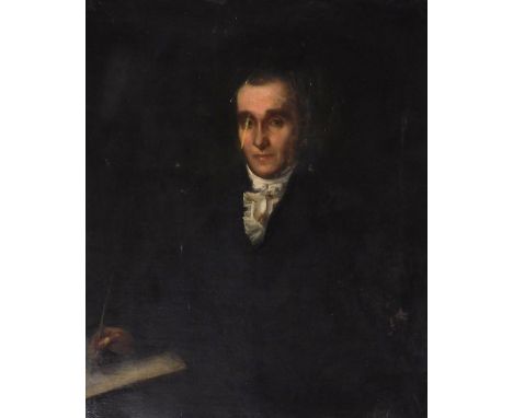 19thC English School.  Half length portrait of a gentleman seated at a table with quill and paper, oil on canvas, 62cm x 52cm