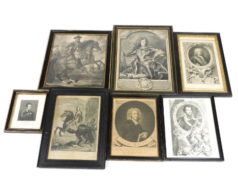 Seven 18thC/19thC engravings and prints, portrait studies including Isaac Watts, Robert Devereux, Earl of Essex, Frederick, D