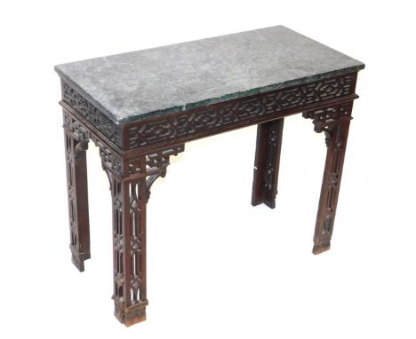 A 19thC Chinese Chippendale style mahogany side table, with a veined green marble top, over a blind fret work frieze, raised 