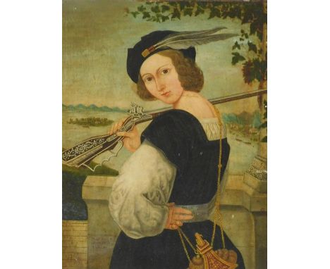After Robert Lefevre (18th/19thC French).  Portrait of a young woman holding a musket, oil on canvas, indistinctly inscribed,