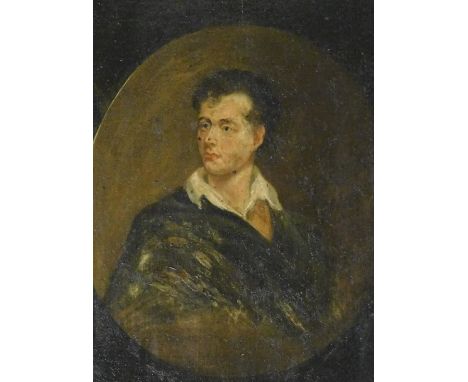 19th English School.  Portrait of Lord Byron, oil painting on panel, 18cm x 14cm.