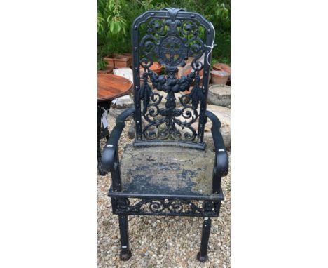 A black wrought iron high backed arm chair (possibly previously scales converted)