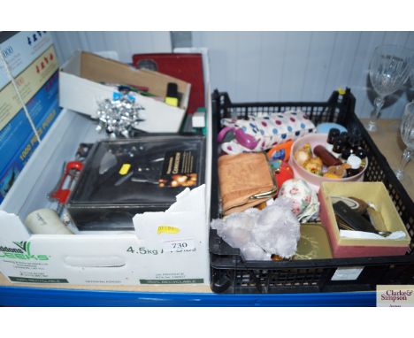 Two boxes of various sundry items to include professional corkscrew set, various stationery items etc.