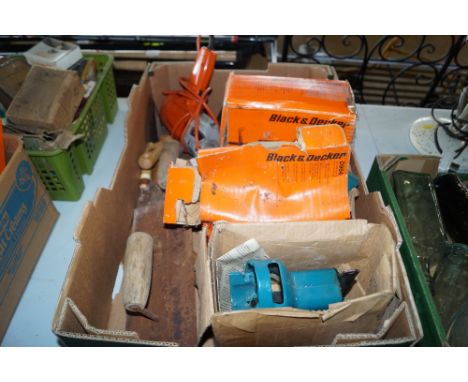 A box containing a Black &amp; Decker drill - sold as collector's item, and various attachments and other hand tools 