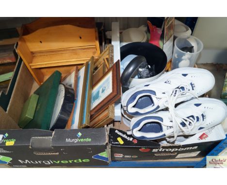 Two boxes containing various sundry items to include a pair of gents Dunlop trainers; place mats; wall clock; various picture