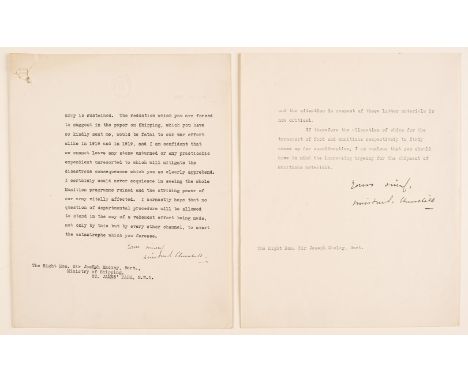 * Churchill (Winston Leonard Spencer, 1874-1965). Two Partial Typed Letters Signed 'Winston S. Churchill', no date, circa 192