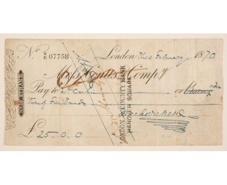 * Dickens (Charles, 1812-1870). Autograph cheque signed, ‘Charles Dickens’, London, 3 February 1870, in favour of Mr. Carlin,