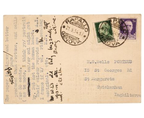 * Pound (Ezra, 1885-1972). Typed Postcard Signed, 'E. P.', Via Marsala, 12 Int. 5, Rapallo, [Italy], 21 August 1934, to Hugh 