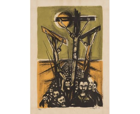 Willy K. Handsign., (19)60 dat. und numm. 56/60. Golgatha. Farblithographie. Bildgr. 64 x 41 cm. Bildträger