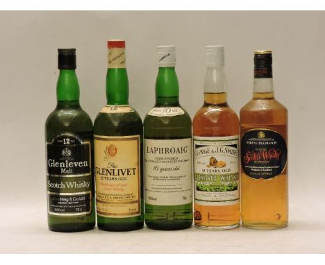 Assorted Whisky to include one bottle each: Laphroaig Islay Malt Scotch Whisky, 10 Years Old; Glenleven Malt Scotch Whisky, 1