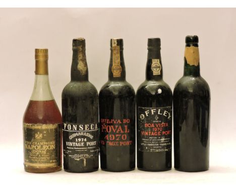 Assorted to include one bottle each: Fortnum & Mason Fine Champagne Napoleon Cognac; Offley Boa Vista, 1970; Fonseca Guimarae