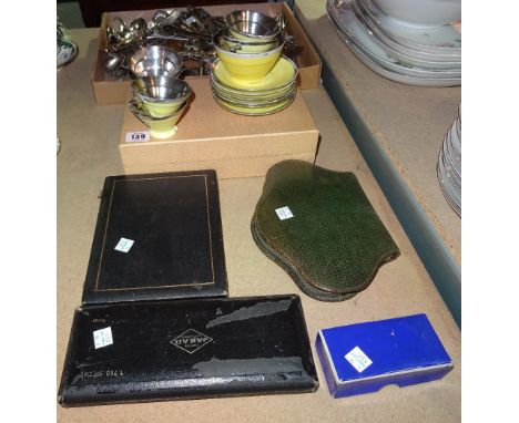 Silver plated wares, including; flatware, cased butter knives, christening spoon, drawing set, boxed twin coffee cup set and 