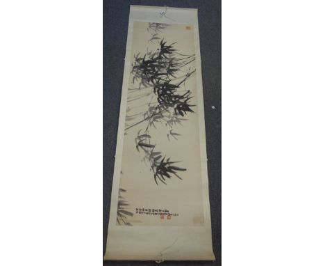 Two Chinese scroll paintings , 20th century, the first painted with branches of flowering jasmine, grapes and a vase, the sec