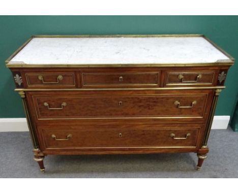 A Louis XVI style brass bound mahogany commode, early 20th century, the marble top over three short and two long graduated dr