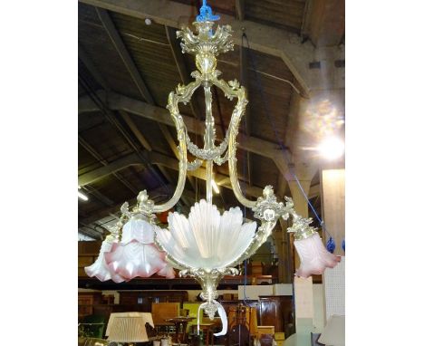 A French gilt bronze six branch chandelier, early 20th century, the foliate cast open frame issuing six branches with frosted