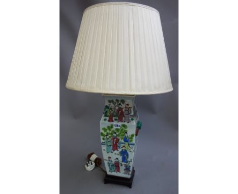 A Chinese famille verte pottery table lamp of rectangular tapering form, on a wooden base, a Chinese two handled vase table l