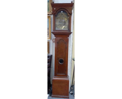 An oak eight day longcase clock, 19th century, the brass arch top dial plate detailed 'George Avenell Farnham', with subsidia