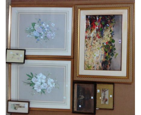 A group of assorted pictures and prints, including a pair of watercolours of floral subjects, a print of white currants, an a