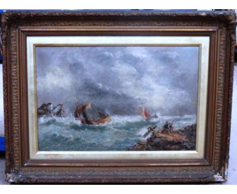 R. Taylor (19th century), Vessels in a squall off the coast, oil on canvas, signed, 39cm x 60cm.  G1