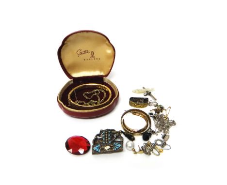 A gold oval hinged bangle, on a snap clasp, detailed 10 K, gross weight 13.5 gms and a group of further jewellery, including;