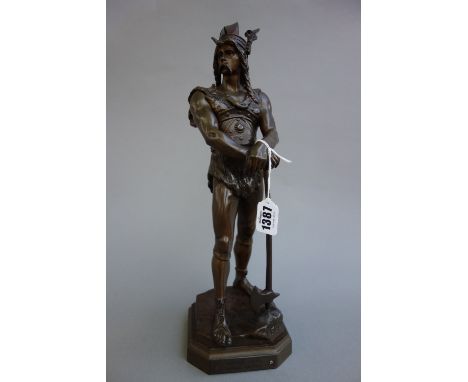 After Debut; a French bronze of a Viking, late 19th century, titled to the base 'Don De Vichy Amical Bridge', 37cm high.