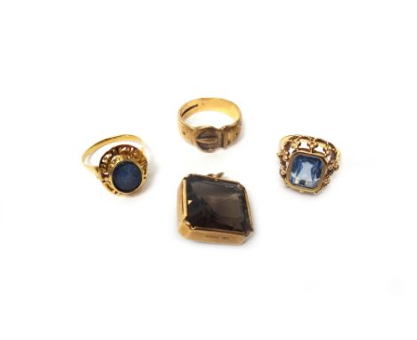 A gold ring, mounted with an oval opal doublet within a pierced border, a gold and blue paste set solitaire ring, detailed '5