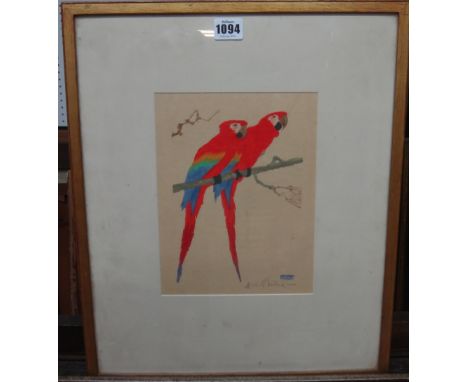 Martin Erich Philipp (1887-1978), Red Parrots, colour woodcut print, signed, 24cm x 18cm. DDS